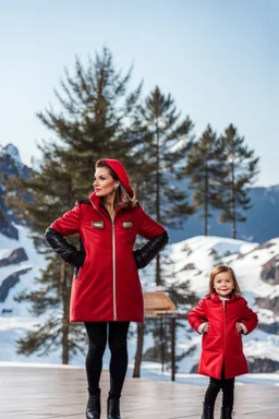 full body shot of beautiful lady with her 4 years old duather in jacket and pants simple background