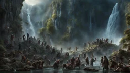 a pile of rotting zombies at the foot of a 3.000 feet high waterfall. fantasy setting, horror. exquisite realism, a masterpiece, fantasy concept art, dynamic lighting, hyperdetailed, intricately detailed, deep color, Unreal Engine, volumetric lighting, Epic cinematic brilliant stunning intricate meticulously detailed dramatic atmospheric maximalist digital matte painting