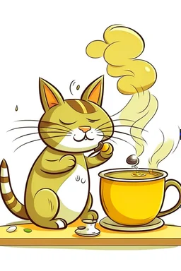 Cat brewing tea cartoon