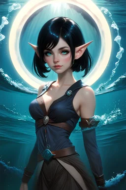 dungeons & dragons; digital art; portrait; female elf; warlock; the fathomless; sea green eyes; short black hair; young woman; sea travel clothes; teenager; deep waters; ocean water; circle halo background; no jewelry; young; pretty