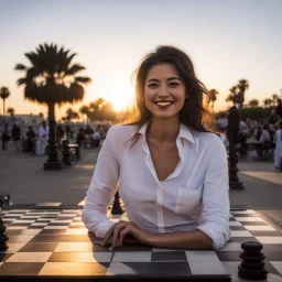 in Santa Monica chess park: the flesh of her under a white shirt is lightened by the sunset, smile with no inhibitions