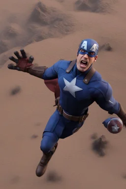 Create a picture of captain america falling from the skye to a pit animated like fortnitr