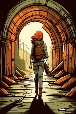 A cartoon illustration of a read-head woman in a post-apocaliptic setting walking towards the exit of an empty tunnel while wielding a rifle.