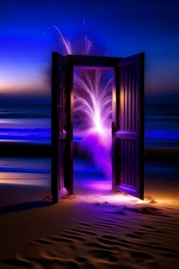 porta magica viola con scintille e affetti di luce mentre compare sulla spiaggia