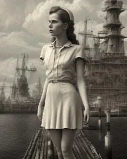 sepia young girl wearing white dress standing on wharf in shipyard, 1930s, 8k resolution, high-quality, fine-detail, intricate, digital art, detailed matte, volumetric lighting, dynamic lighting, illustration, 3D octane render, brian froud, howard lyon, selina french, anna dittmann, annie stokes, lisa parker, greg rutowski,