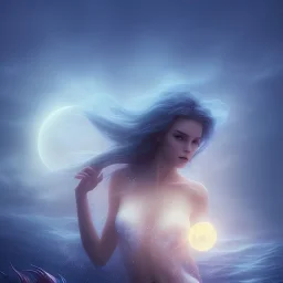 cinematic image of a mermaid in the shore, bloom, darknight with a moon and big clouds, 8k, full details, glowing blue, foggy night, fine-detail, volumetric lighting, high-quality, illustration