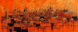 An orange colored electrical city in a thunderstorm painted by Jackson Pollock