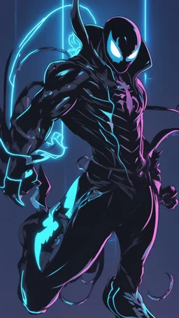 Mix between venom symbiote and genji in solo leveling shadow style with neon glowing blue