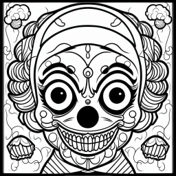 create a 2d black outline, " kawaii psycho clown coloring book for kids", coloring page, low details design, black contour, coloring page design, colorful , card style, coloring page for kids, halloween backgorund,sketch style,