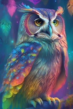A wise owl in a colorful magical jungel
