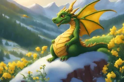 cute green dragon at the foot of the mountain. Snowing. The dragon sniffs the blooming rapeseed from under the snow.