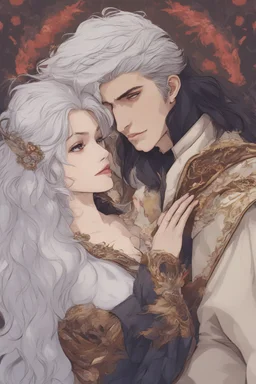 A couple from the dnd game curse of Strahd kissing. She has white hair he has long black hair. Romantic, sweet, loving.