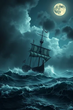 Bosch painting a pirates ship in a high waves in the middle of the ocean in dark storm and thunders in the cloudy sky with a dim full moon covered by clouds , cinematic scene, great photography, 8k , high quality