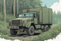Military truck on a road, forest, overgrown apocalyptic, comic book,