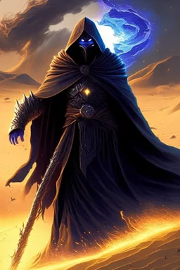 Thanos is the god of power and evil The commander wears a black cloak and a long coat with long combat boots and a long spear with a hat under his cloak with blue flame eyes, a sword like a spear The sun in the palm of a brave man in the middle of the desert