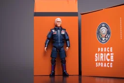 Mike Pence action figure Doll Space force uniform inside a blister packaging hanging on a Wallrack in toystore, fluorescent orange, toy guns, wide angle shot whole body, black boots, fullsize