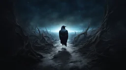 Crow in a space, at the end of the time, hyper realistic