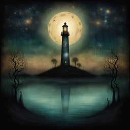 Ethereal, glitchy dreamscape, andy Kehoe, surreal dark fantasy, lighthouse, midnight