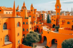 An orange colored suburban town with different shaped buildings painted by Antoni Gaudi