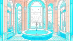 Baño ilustrativo con detalle fantástico y arquitectura imaginaria, inspirado en Moebius, líneas finas, colores suaves, estructuras imposibles, sensación de mundo paralelo limpio y extraño
