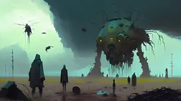 Otherworldly creatures, science fiction painting, Denis Sarazhin, Alejandro Burdisio, Romain Trystram, Simon Stalenhag, ominous sky