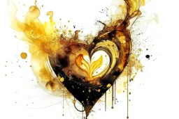 double exposure, merged layers, fireplace with dynamically blazing fire in coffee color, ink splatter art, watercolor and ink, golden glitters, double exposure heart and love