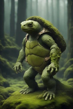 Humanoid tortle, standing upright, covered in moss, old