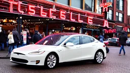 A Tesla's 'Model S Plaid' is doing donuts, at the 'Pike Place Market', in Seattle. CINEMATIC. WIDE ANGLE LENS. PHOTO REAL.