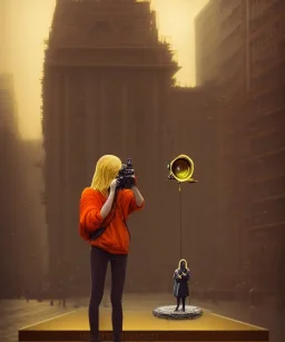 Statue of Queen of photography holding camera in hands. Cute blonde woman. Photographer in golden crown. Standing on the street. Big camera in her hand. hyperdetailed, photorealistic, trending on artstation, greg rutkowski, beksinski, kodachrome, volumetric lighting, gold and orange