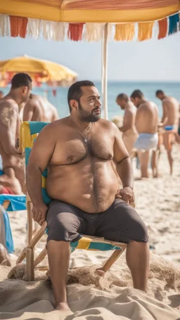 full figure shot photography of a serious ugly burly strong chubby marocan 35 years old, shirtless, short beard, sells colored pareos on a crowded beach, sitting on a beach chair, sunligh, photorealistic, 35mm lens, side light, ambient occlusion