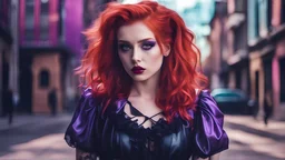 dark shot, city street, pastel goth, sexy goth girl, photo of cute 24 years old redhead woman, cinematic shot, hard shadows, photorealistic, cute face, looking at viewer, glitched face effect, shattering skin effect, colorful outfit, witch purple clothes, glitched background effect, frilly hairstyle, latex dress, torso, body, 8k, ultra-detailed, highres, rainbow skin, shattered glass effect, (best quality, masterpiece:1.2), (deformed neon light:1.3), soft particles of fractal fire