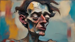 A deformed, disfigured figure with blurred, grainy facial features and poor anatomy, executed in a distorted, abstract art style with bright, complementary colors and subtle, expressive details, inspired by the avant-garde works of Francis Bacon, the emotional brushstrokes of Egon Schiele and the abstract expressionism of Willem de Kooning, with a combination of loose, gestural lines and rough, textured surfaces, as well as a prominent, scratched signature in the corner, as if it were a rough dr