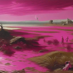 Magenta psychic wetlands near a beach painted by Michelangelo di Lodovico Buonarroti Simoni