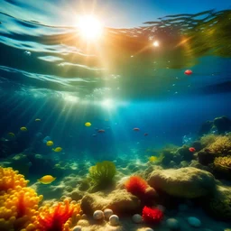 Burbujas de colores en el mar calmo, con animales marinos y rayo del sol atravesando el agua