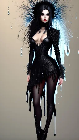 Full body and headshot of a young gothic woman dressed in clothing dripping like liquid, with no hat, with a multiverse background