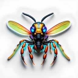 Clean white background, a stunning close-up of an alien wasp,neon colors,photograph, professional vector, high detail, sharp focus, studio photo, intricate details, highly detailed, ultra hd, realistic, highly detailed, 8k, print ready vector sticker format, high detail, sharp focus, realistic, highly detailed , 8k