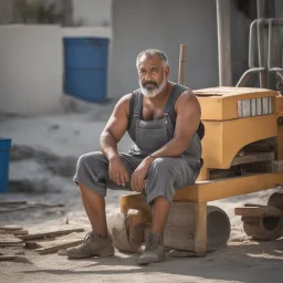 photography of a arab ugly burly serious wet sweaty, beefy strong fat carpenter, shirtless, in short pants, in overall, bulge, manly chest, very hairy, big goatee 50 years old, short hair, sitting with open legs on a little chair , on a construction site in the middle of a road, under the August sun, emotional eyes, , hyper-realistic, photorealistic , frontal view from the ground