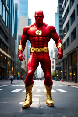 the Flash with gold boots, extremely exaggerated muscular stature, Professional Quality 35mm Photograph, 4k UHD, hyper-realistic, Photorealistic, extremely detailed, High resolution