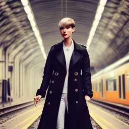 A beautiful slender well dressed young woman with short hair and a black trench coat, waiting for a man at night at a train station in London