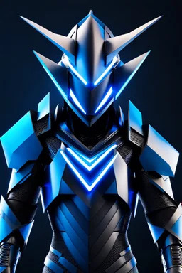 neon blue, floating parts of armor in form of light triangles, cyber armor, geometric patterns on armor, male, orbiting triangle