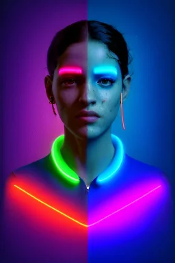 Ultra Realistic image, Rosalía artist, waist up portrait, black eye line, angry face , gold, blue, pop style, pink spray line make up, geometric, led lights, neon, rings piercing, led ornament, fog, bubble latex coat, vibrant color, highly detailed, art stations, concept art, smooth, unreal engine 5, god rays, ray tracing, RTX, lumen lighting, ultra detail, volumetric lighting, 3d, finely drawn, high definition, high resolution.