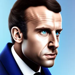 Emmanuel Macron, solo, Pixar Studio movie style, circular reflective eyes, smooth lighting, rounded face, caricature, large nose, 3d portrait, wearing blue suit