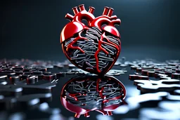 A human heart made of razor blades sitting in a puddle of motor oil, reflections, dramatic liggting, 4k render, realistic