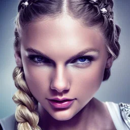 beautiful young queen with white armor, delicate white braided hair with ponytail, glass eyes, highly detailed, 8k, ambient light, taylor swift