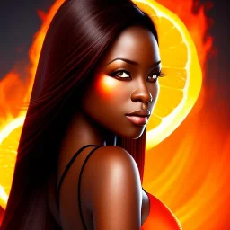 portrait, dark skin female, attractive, fiery hair, orange color theme, rage background, clear focus, high resolution