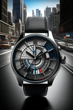 Generate an image of a jump hour watch surrounded by the hustle and bustle of a metropolitan city, illustrating its urban sophistication and precision."