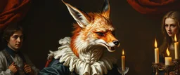 portrait painted by Rembrandt, stupid looking fire breathing dragon fox at banquet