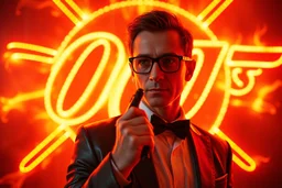 bob saget as james bond the spysex coin multi color neon sign on fire, ultimate psychedelic beauty, wide angle