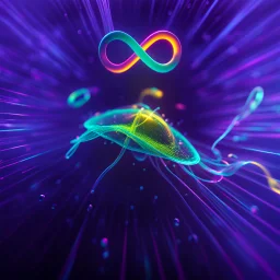 infinity symbol ∞ with vibrant single Plankton in water, striking, neon, chiaroscuro, dramatic, captivating, powerful, fantasy, beautiful, octane render, 16k post-production, artstation: award-winning: atmospheric: commanding: fantastical: clarity: ultra quality: striking: brilliance: stunning colors: amazing depth; lens: f/11, 35mm