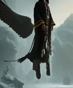 native american shaman, wise man, long black hair, black hooded coat like wings, 8k resolution concept art portrait by Greg Rutkowski